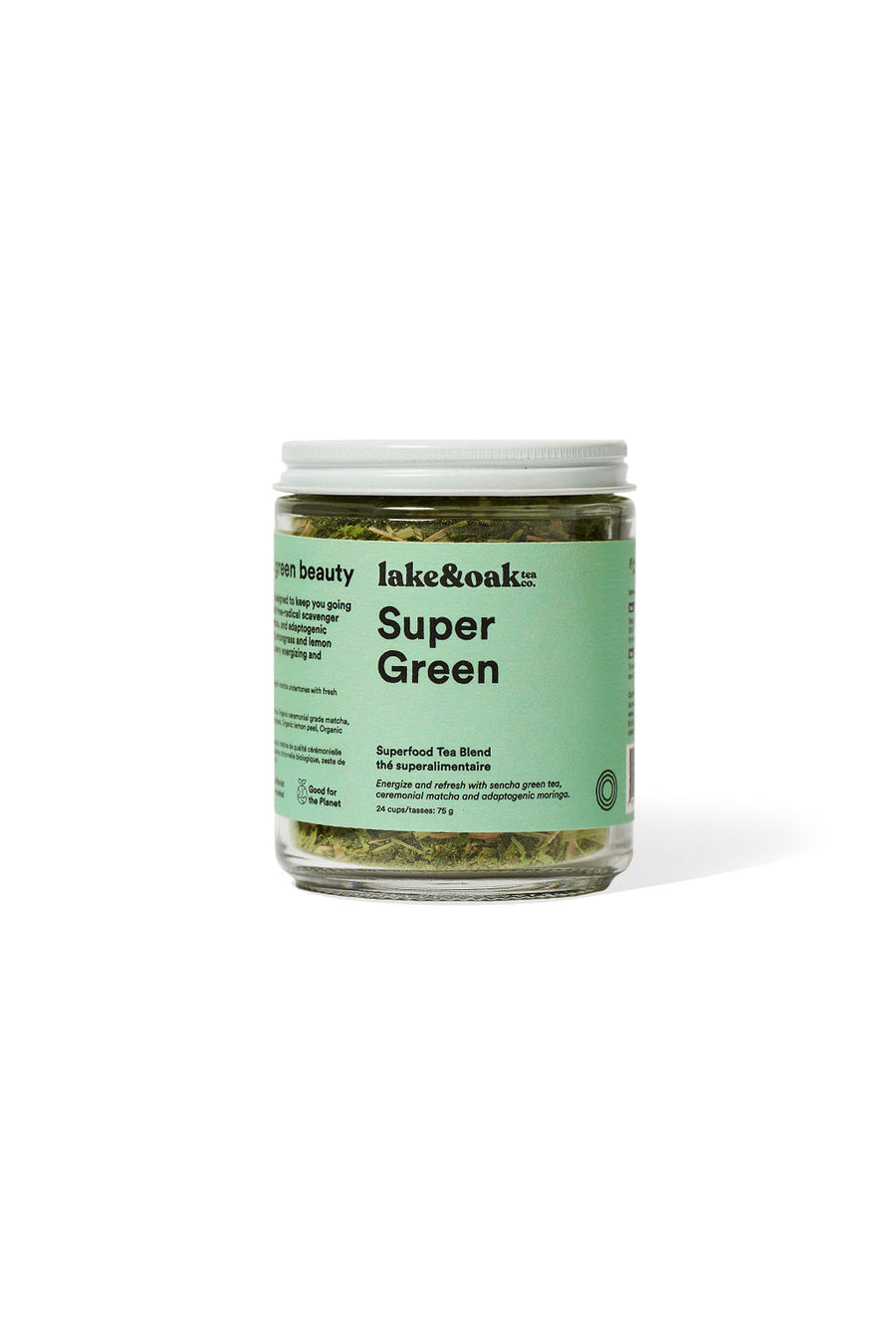 Jar of Super green tea blend from lake and oak tea and co.