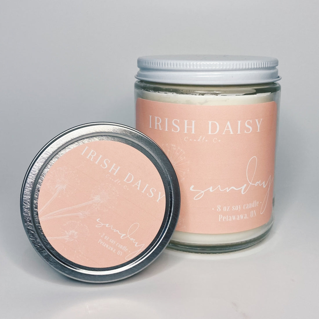 Jar and tin of soy candle in Sunday scent from Irish Daisy Candle co.