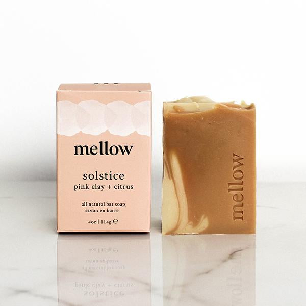 Bar of soap In pink clay and citrus scent from Mellow brand.